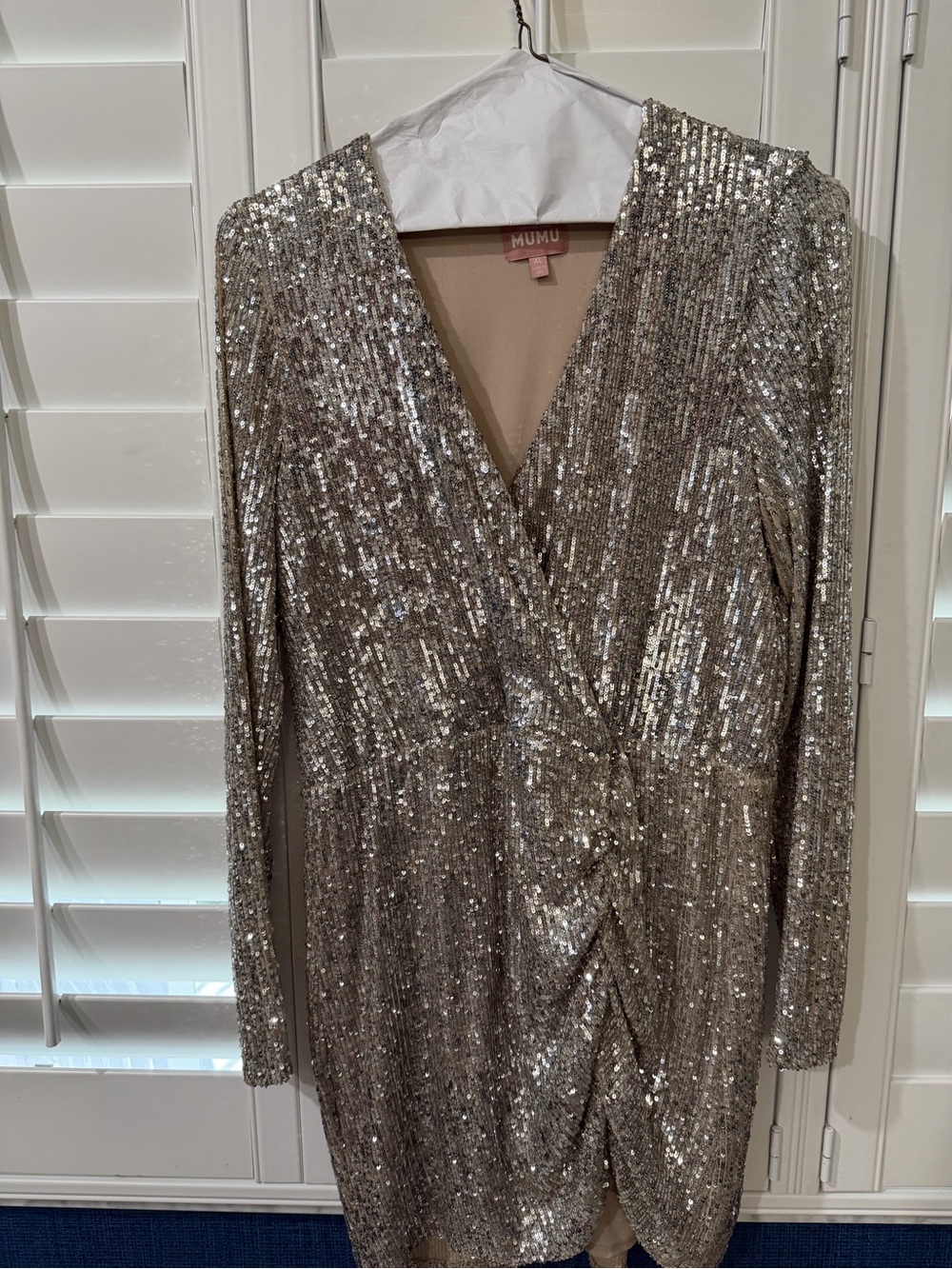 Show Me Your MuMu Silver Sequin Long-Sleeve Wrap Dress